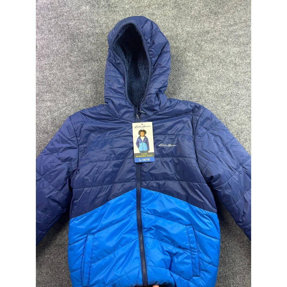 Eddie Bauer Reversible Puffer Jacket Youth L 14/16 Faux Fur Lined Hooded‎ NWT